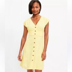 LOFT YELLOW BUTTON FLARE MINI DRESS V NECK BUTTON DOWN SIZE 8